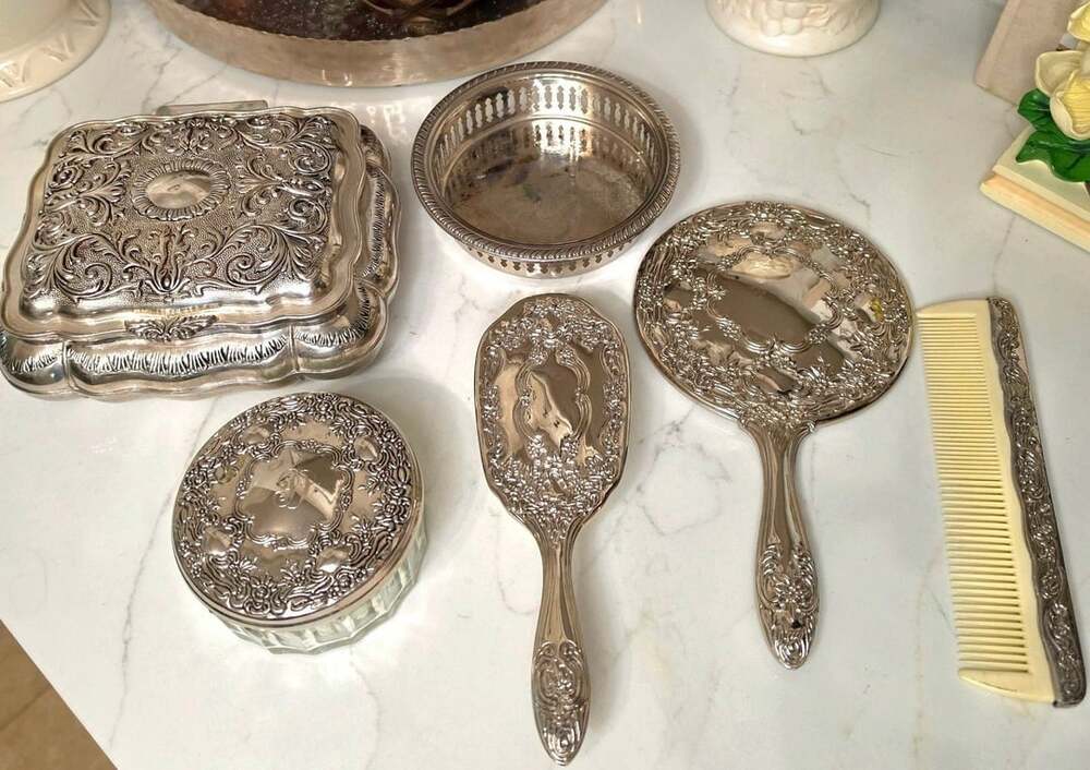 Vintage Ornate 6 Pc. Silver Plated Vanity Set